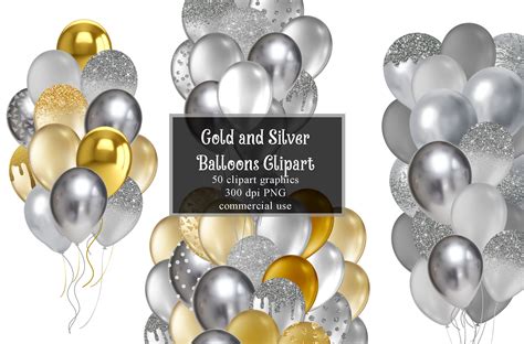 Gold And Silver Balloons Clipart Glitter Balloon Png Digital Etsy