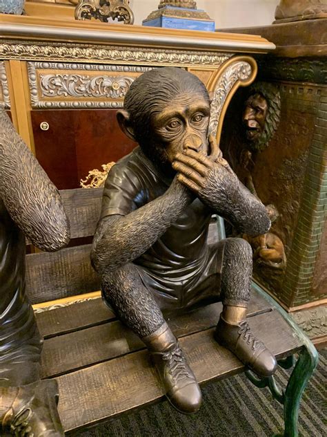 Three Wise Monkeys On Bench Large Bronze Statue Bronze Size 52 X 32