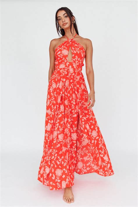 Shop The Athena High Split Maxi Dress Floral Print Red Selfie Leslie
