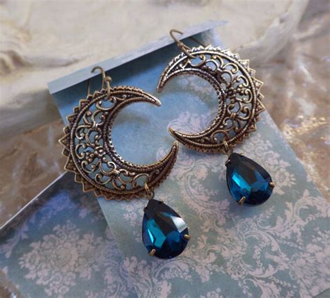 Crescent Moon Earrings Zircon Blue Vintage Style Vintage