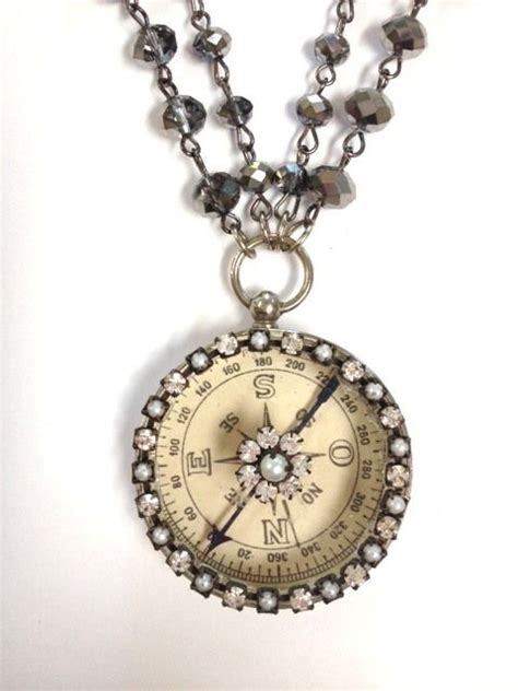 French Antique Compass Necklace Pendant Smokey Crystal Beads Pearls