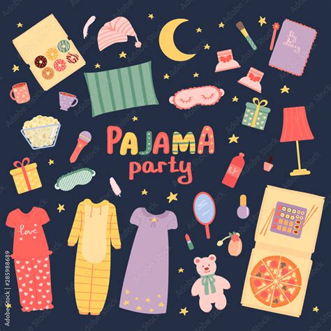 Pajama Party Set Sleepover Slumber Party For Girls Holiday Vector