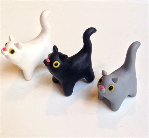 Polymer Clay Kawaii Set Of Three Cute Cats Black White And Etsy
