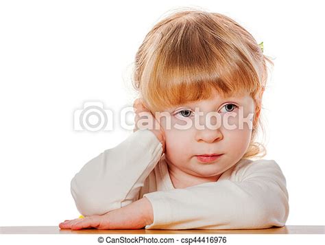 Pensive Little Girl Close Up Portrait Of Pensive Child Isolated On