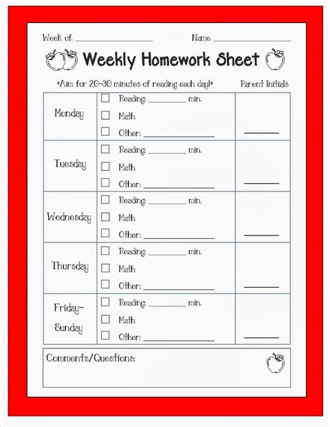 Ideas By Christy Weekly Homework Sheet Weekly Homework Sheet