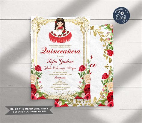 Red Quinceanera Invitation Rose Flowers Spanish Version Etsy