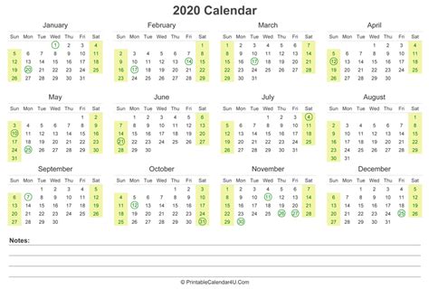 2020 Calendar With Us Holidays And Notes Landscape Layout