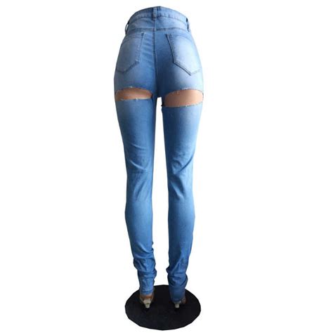 Sexy Plus Size Ripped Butt Jeans For Women High Waist Skinny Jeans With
