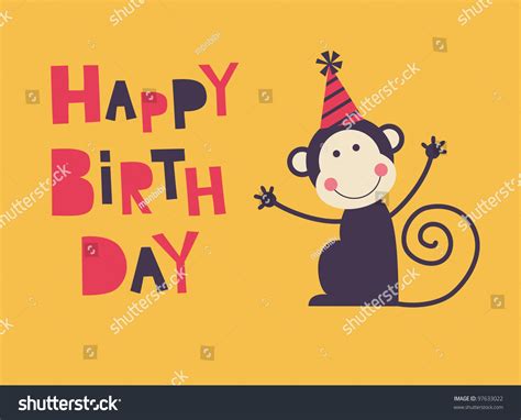 Cute Happy Birthday Card With Fun Monkey Vector Illustration