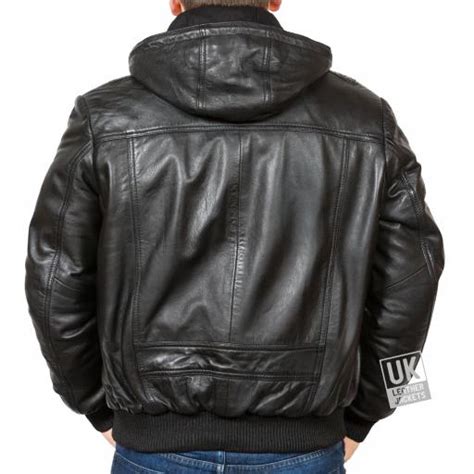 Mens Black Hooded Leather Bomber Jacket Troy Detachable Hood Free