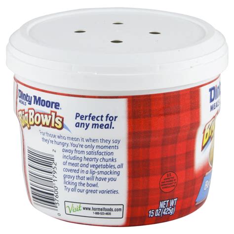Find recipes with this ingredient or dishes that go with this food on self.com. Hormel Dinty Moore Big Bowls Beef Stew, 15 oz Canned Meat | Meijer Grocery, Pharmacy, Home & More!