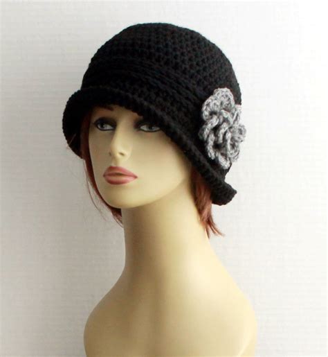 Womens Cloche Hat Winter Hats Crochet Womens Cloche Black Hat 1920s
