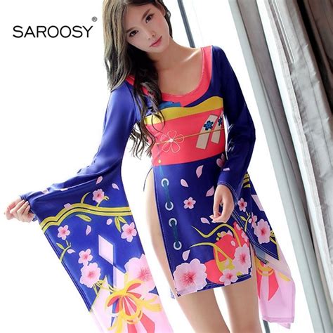 Saroosy New Sexy Costumes Japanese Style Kimono For Women High Cut Printed Cherry Blossom