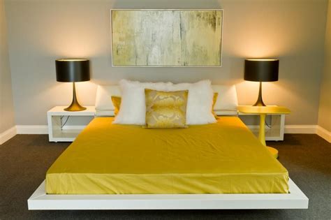 Cheery Yellow Bedding In Contemporary Gray Bedroom Modern Interior