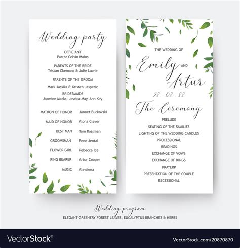 When planning a party, you need to have great food and great people. Wedding floral greenery ceremony party program Vector Image