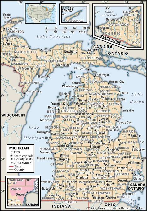 A Map Of Michigan Showing The Location Of Major Cities And Towns In Each State