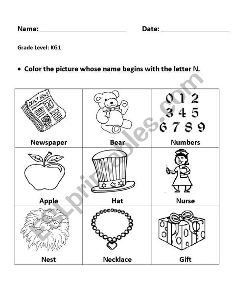 English Worksheets Color The Pictures That Start With N