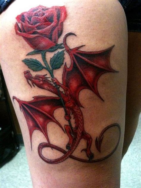Red Dragon With Red Rose Tattoo On The Arm Red Rose Tattoo Red
