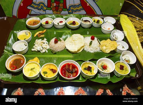 South Indian Thali Or Meals Which Is Traditionally Served On A Banana Leaf Kerala India Stock