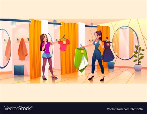 Woman In Fitting Room Try On Clothes In Store Vector Image