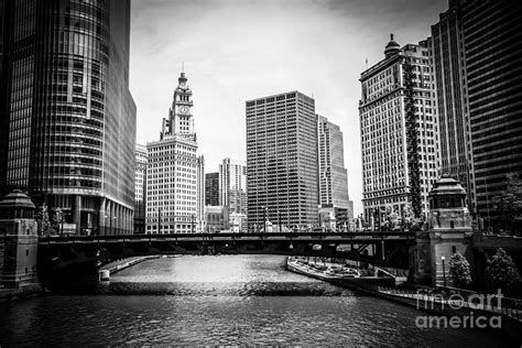 Chicago River Skyline In Black And White Photograph By