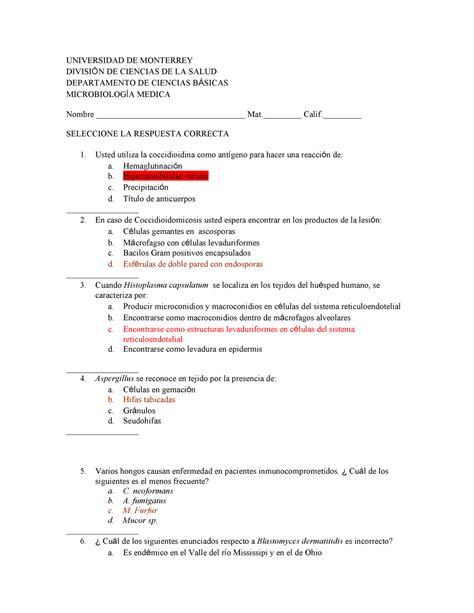 Modelo De Examen Preguntero Final Microbiologia Y Parasitologia My