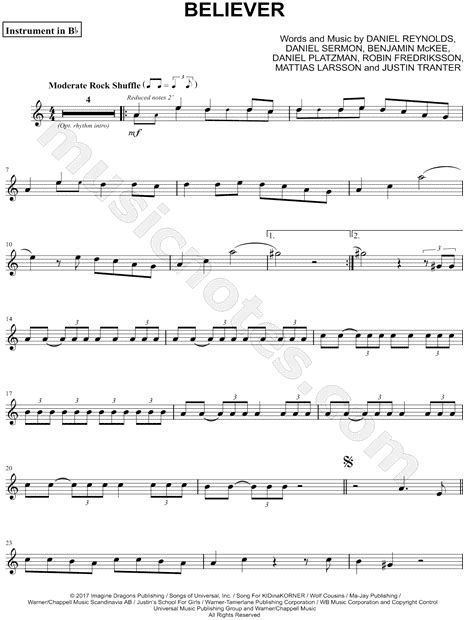 Imagine Dragons Believer Bb Instrument Sheet Music Trumpet