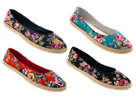 Womens Floral Flat Canvas Pumps Hessian Espadrilles Plimsolls Shoes