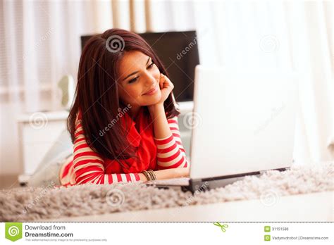 Smiling Young Woman Using Laptop Stock Photo Image Of Happiness