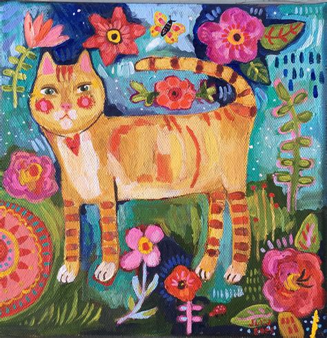 Folk Art Cat Painting On Canvas Etsy Katzen Kunst Malerei Kunst