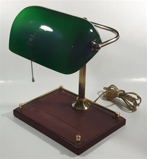 Rare Style Vintage Green Glass And Brass Wood Based Bankers Lamp
