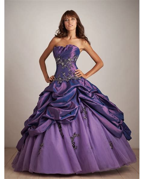 Purple Floor Length Ball Gown Strapless Tulle Taffeta Quinceanera Dress