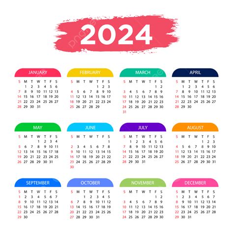 Calendário Colorido Do Ano De 2024 Vetor Png Calendário Calendário