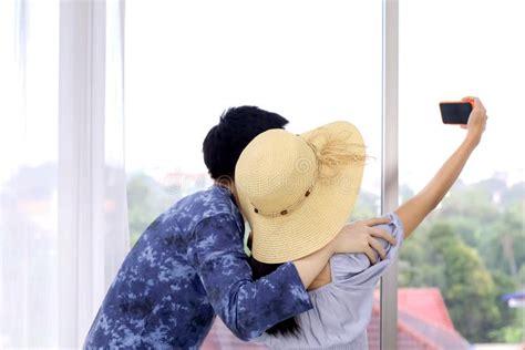 Asian Couples Taking Selfies At Resort Room Journey Travel Concept