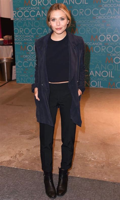 Elizabeth Olsen Navy Blazer Cropped Top Black Pants And Ankle Boots