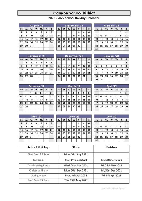 Canyons School District Holidays Calendar 2021 2022 School District
