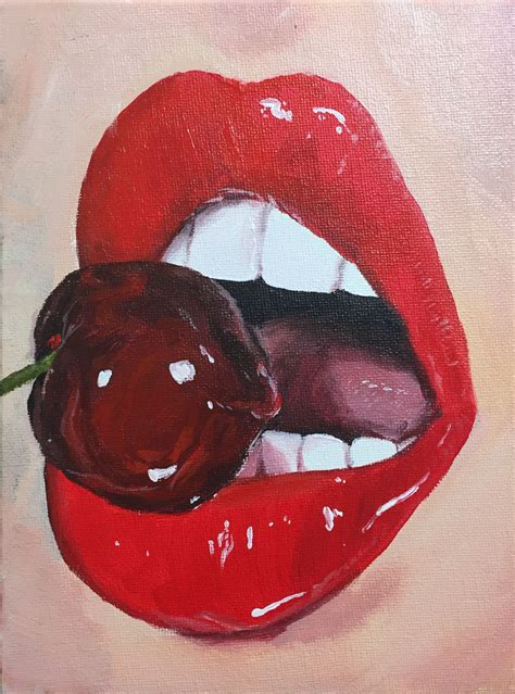 Vibrant Cherry Lips Acrylic Painting