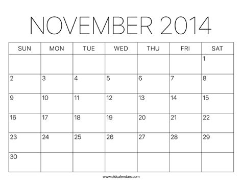 2014 Calendar November Printable Old Calendars