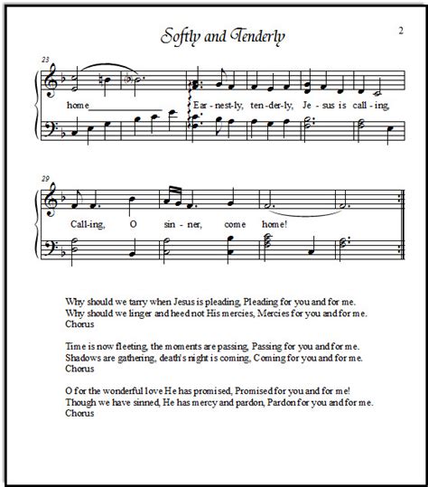 Beautiful Free Hymn Sheet Music Softly And Tenderly Jesus Is Calling