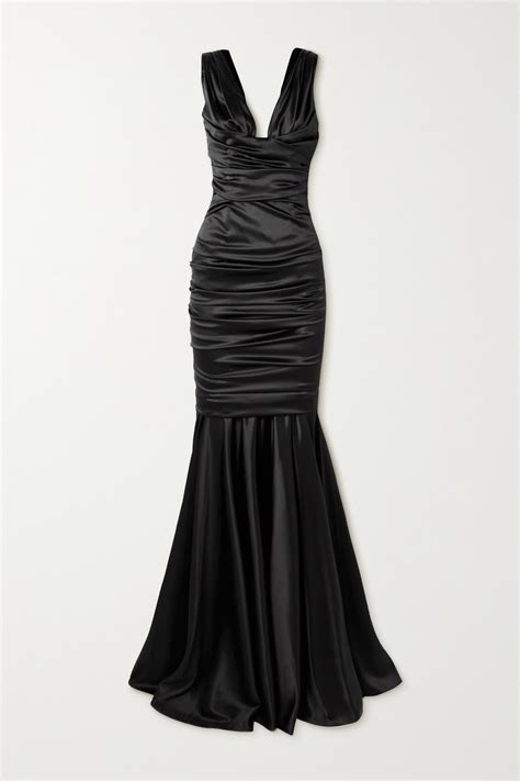 Dolce And Gabbana Ruched Stretch Silk Satin Gown In Nero Modesens