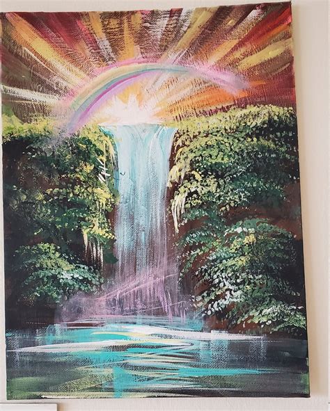 Rainbow Waterfall Acrylic Painting Wall Art Landscape Etsy