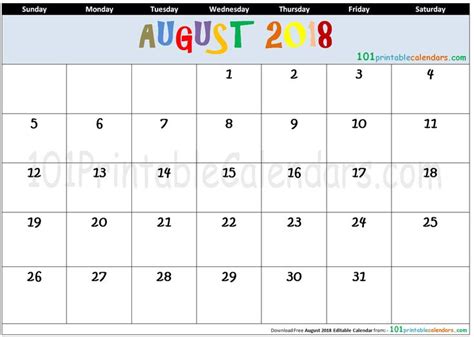 August 2018 Editable Calendar Editable Calendar August Calendar