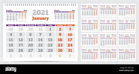 Calendario 2021 La Semana Comienza El Lunes Conjunto De 12 Meses