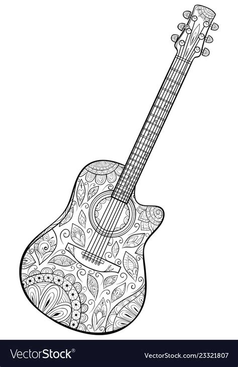 Adult Coloring Bookpage A Cute Guitar Image For Vector Image