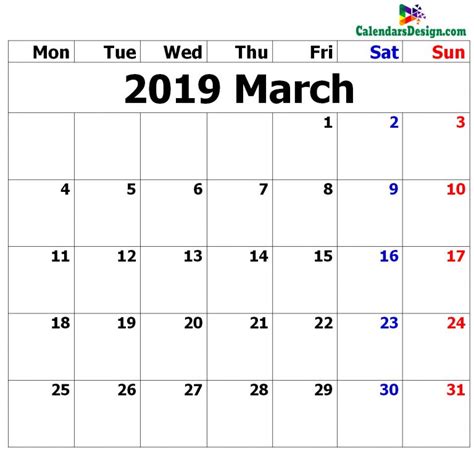 March 2019 Calendar Excel