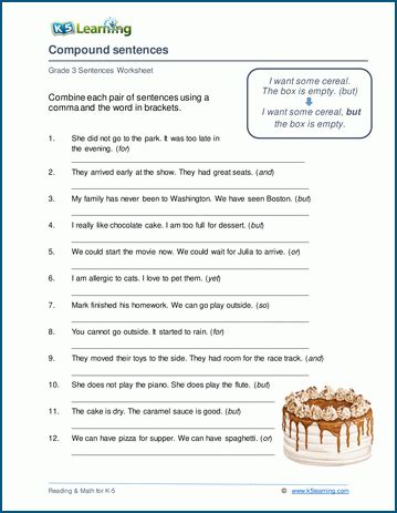 Combining sentences, verbally and written, has never been so fun! Writing compound sentences worksheets | K5 Learning