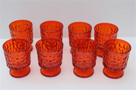 Mod Vintage Flame Orange Drinking Glasses Fostoria Pebble Beach Rocks Lowball Footed Tumblers