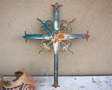 Large Vintage Mexican Wrought Iron Cross Wall Hanging Rustic