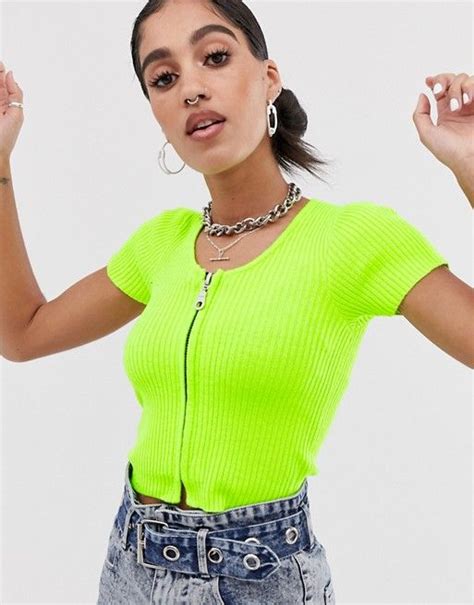 The Ragged Priest Zip Front Knitted Crop Top In Rib Asos Knit Crop