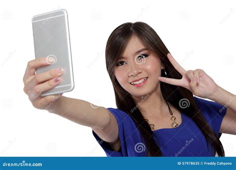 Happy Girl Take A Self Shot Photo Using Her Phone Stock Image Image Of Friend Cell 57978635